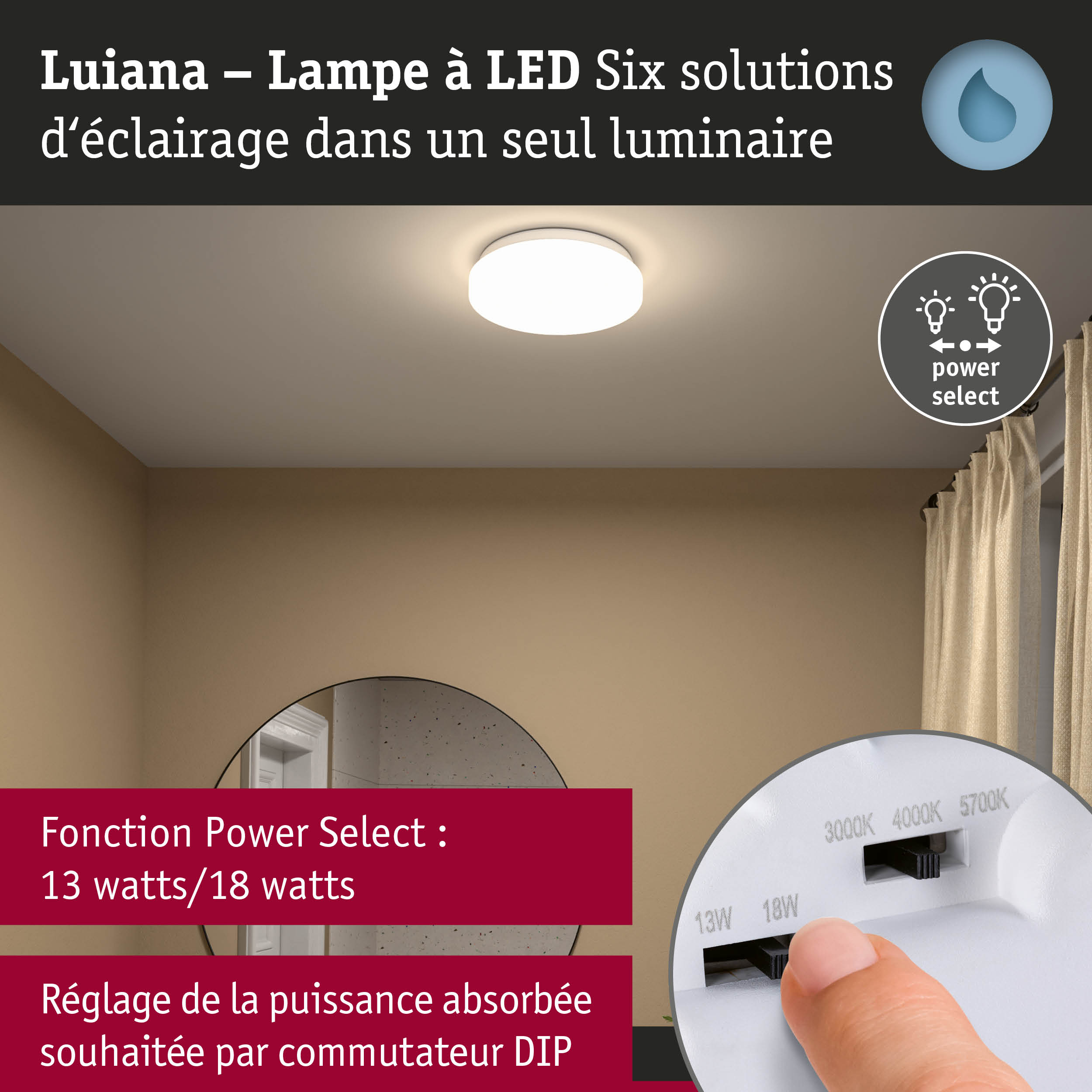 Plafonnier LED blanc Luiana avec fonction Power Select pour 13 ou 18 watts de puissance