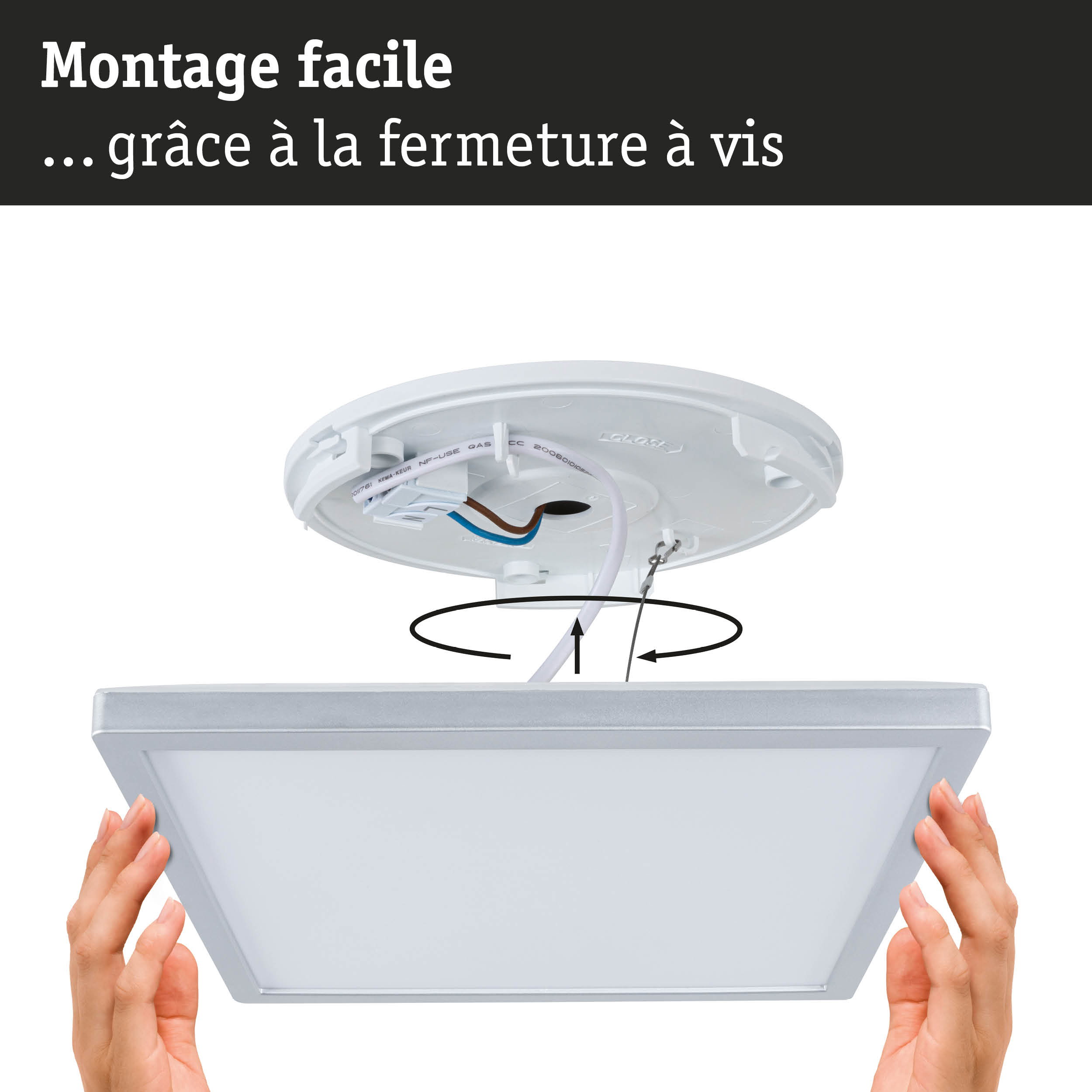 Panneau LED carré blanc pour plafond avec montage facile par vis et câblage visible