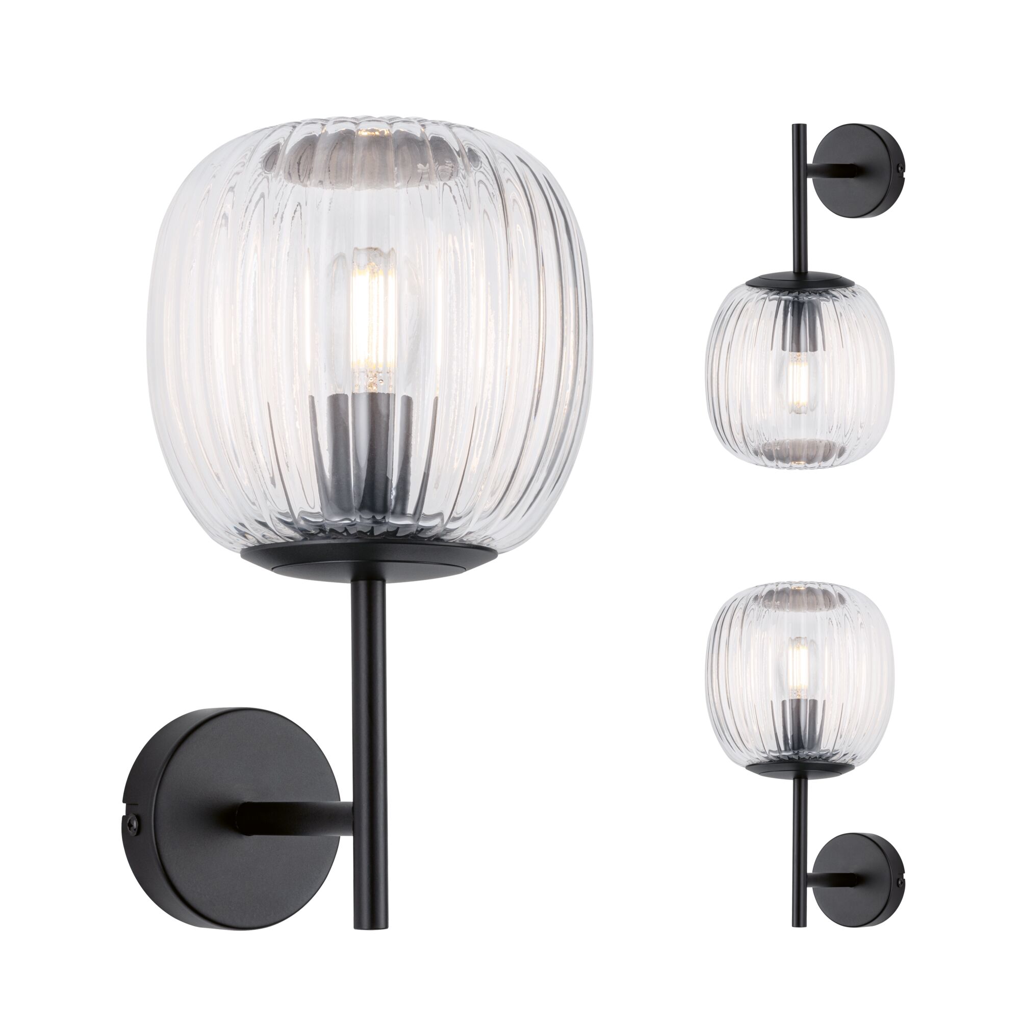 Selection Bathroom Wandleuchte Ruya IP44 E14 230V max. 20W dimmbar Glas/Schwarz matt Wandlampe mit geripptem transparentem Glas und mattschwarzem Metall, modernes LED-Wandlicht.