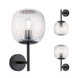 Wall lamp with ribbed clear glass and matte black metal, modern LED wall light fixture.