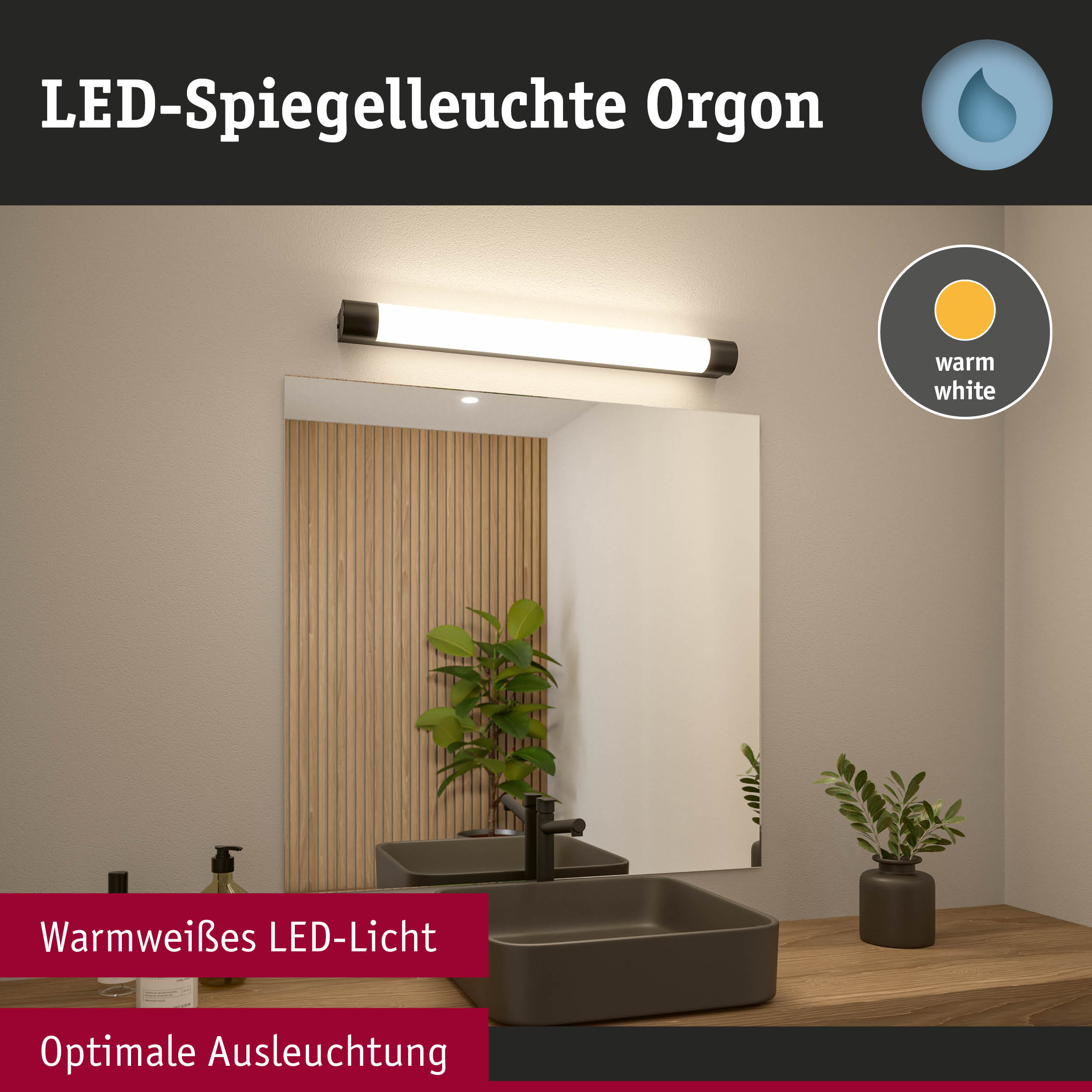 LED-Spiegelleuchte Orgon mit warmweißem Licht über grauem Waschbecken für optimale Badbeleuchtung