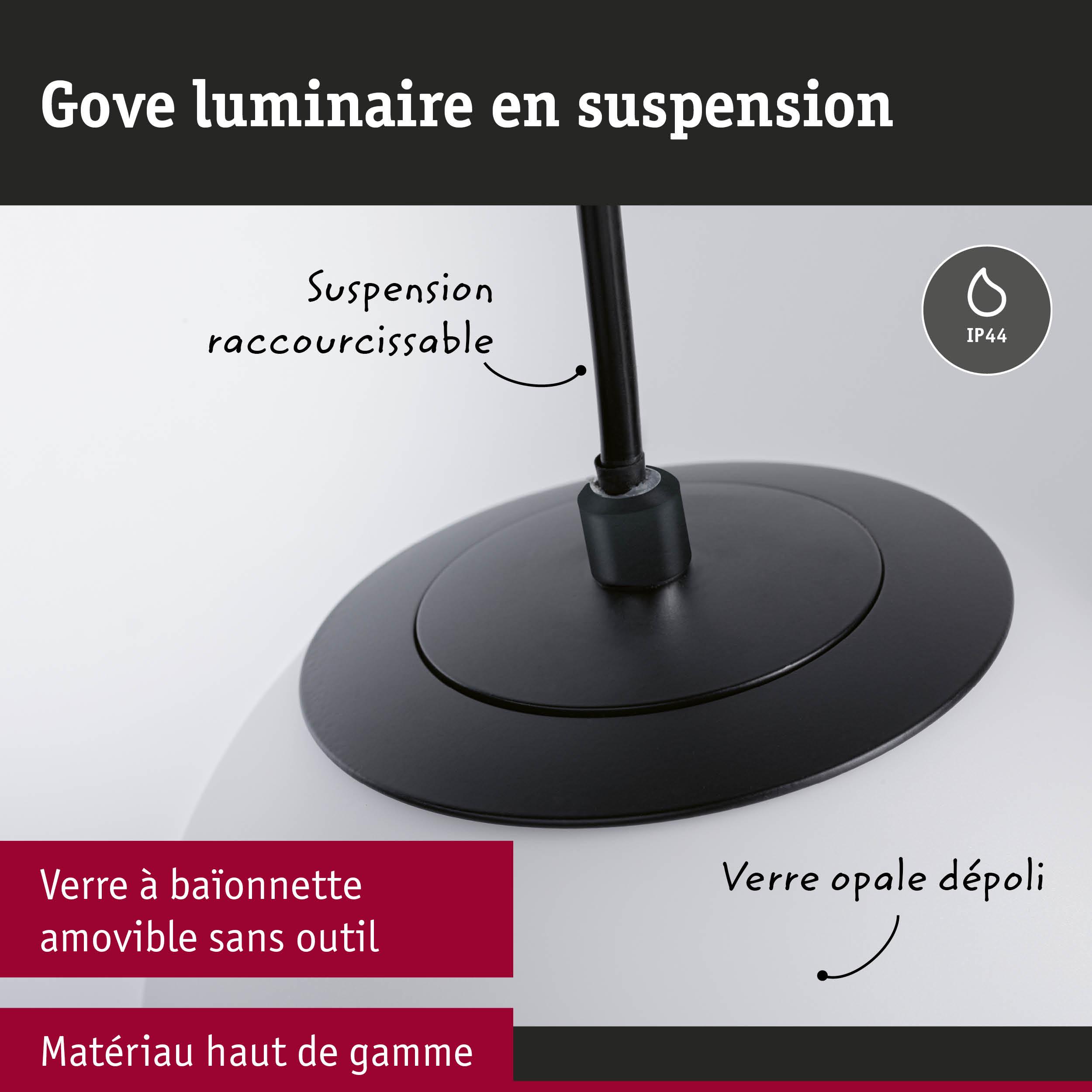 Luminaire suspendu noir avec verre opale dépoli, matériau haut de gamme, suspension raccourcissable, IP44