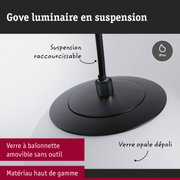 Luminaire suspendu noir avec verre opale dépoli, IP44, suspension raccourcissable et verre à baïonnette amovible