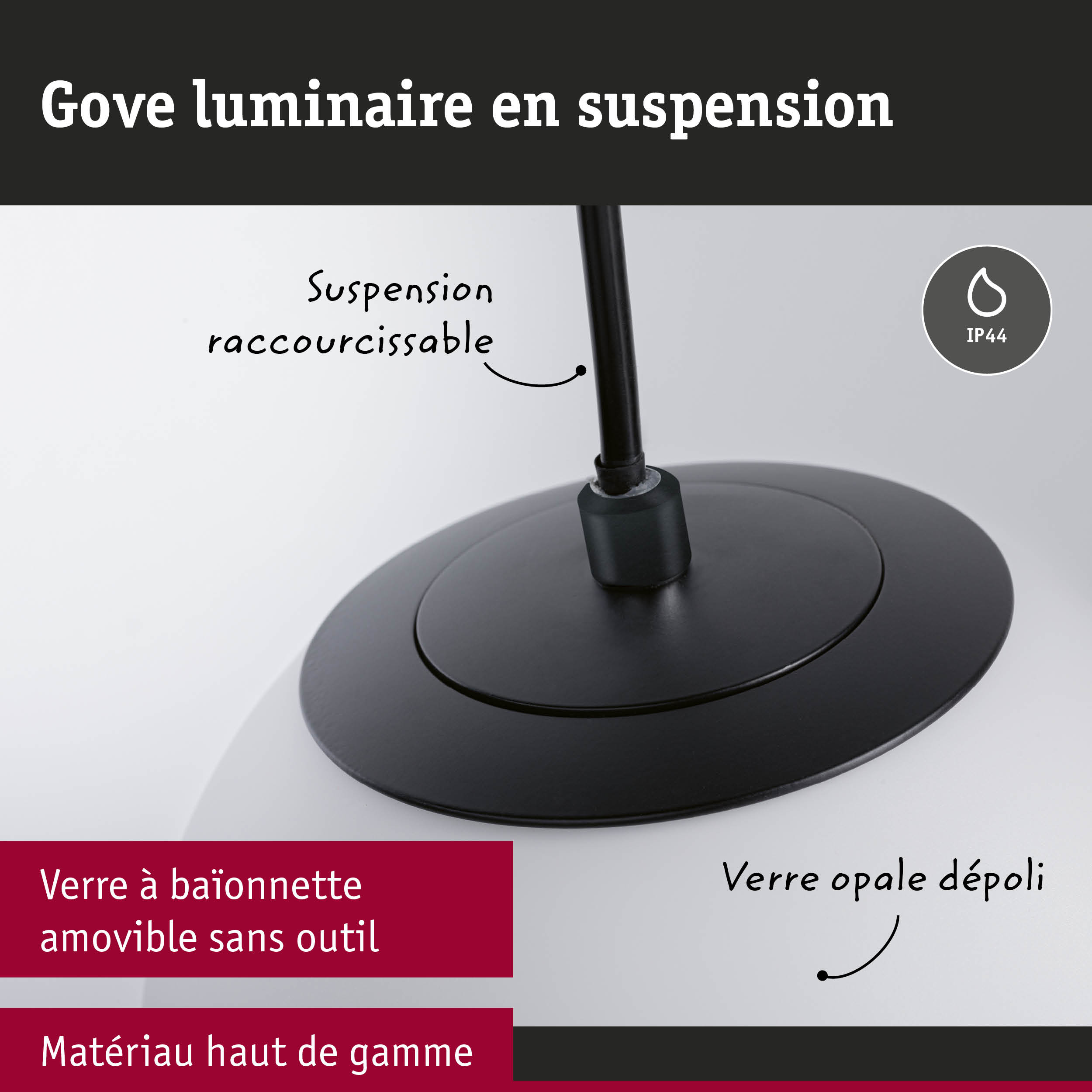 Luminaire suspendu noir avec verre opale dépoli, IP44, suspension raccourcissable et verre à baïonnette amovible