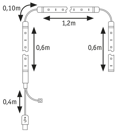 Teknisk tegning med mål af et USB-forlængerkabel på 1,2 m længde og 0,6 m sideafsnit.