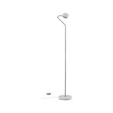 Moderne vloerlamp met witte metalen voet en verstelbare chromen arm voor gerichte verlichting