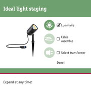 Black LED outdoor spotlight with ground spike and cable for garden lighting and light staging