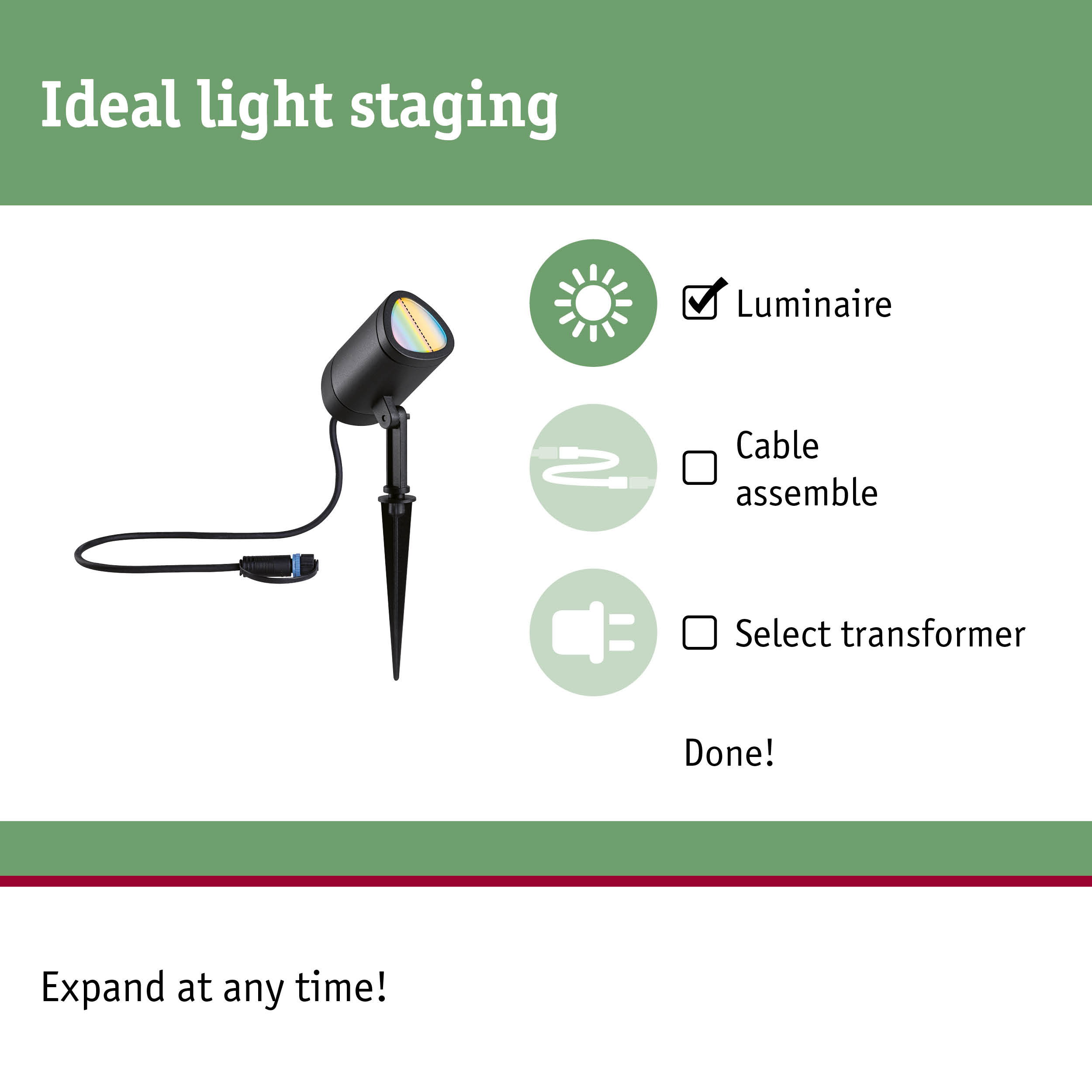 Black LED outdoor spotlight with ground spike and cable for garden lighting and light staging