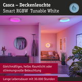 Casca Deckenleuchte mit smartem RGBW Licht in Weiß, sorgt für stimmungsvolle Raumbeleuchtung.