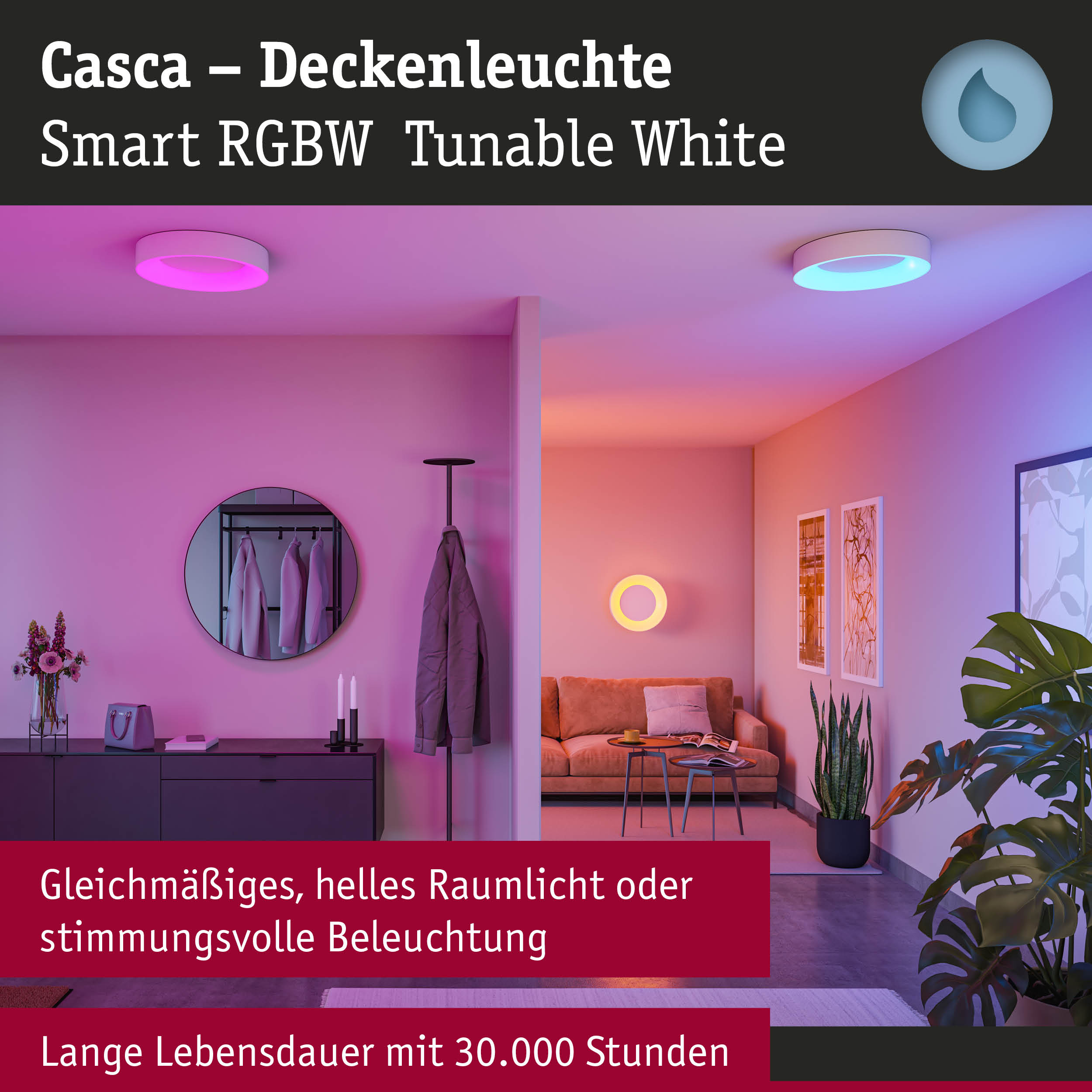 Casca Deckenleuchte in Weiß mit smartem RGBW Licht für stimmungsvolle Raumbeleuchtung und lange Lebensdauer