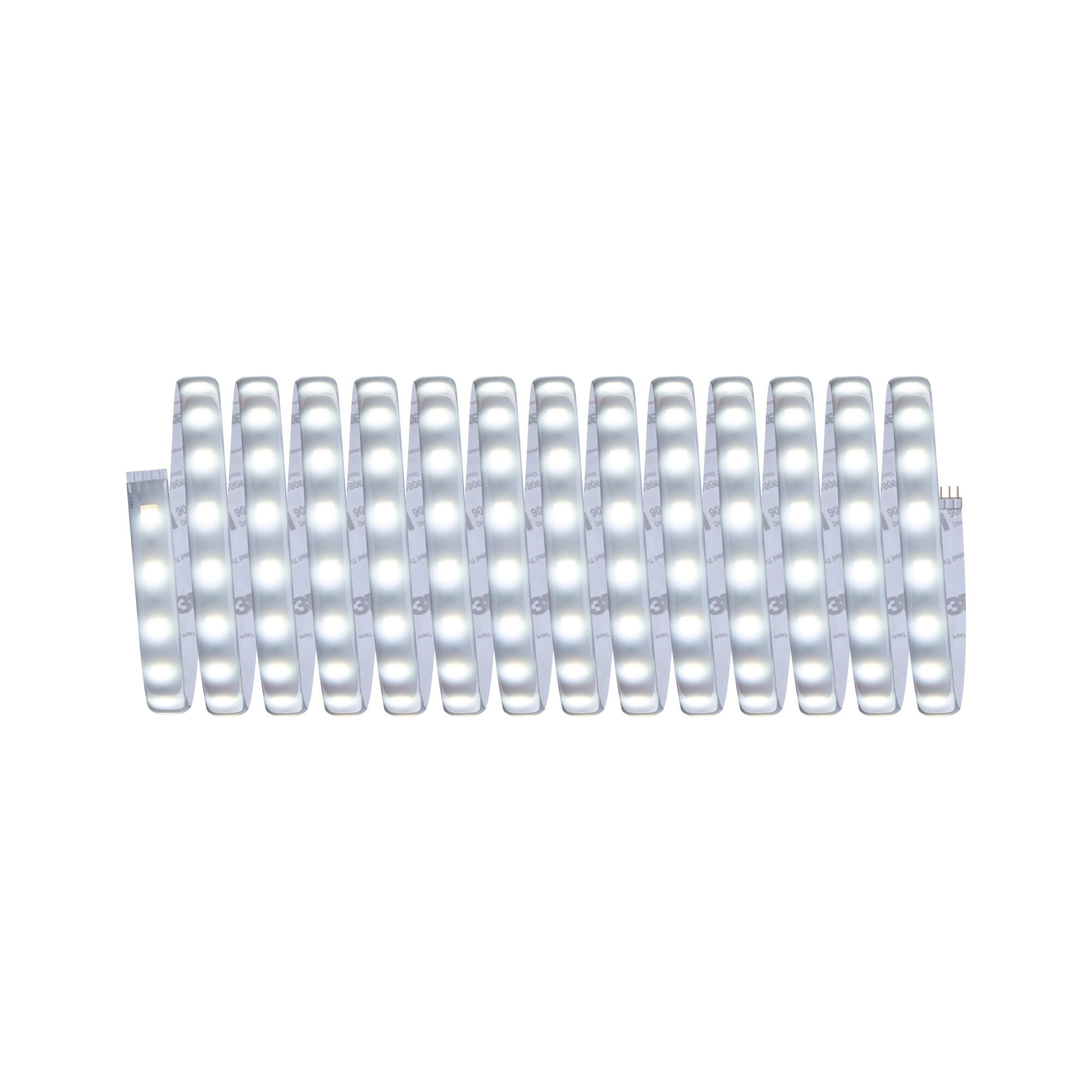 Flexible LED strip with white LEDs on adhesive tape for versatile lighting solutions.