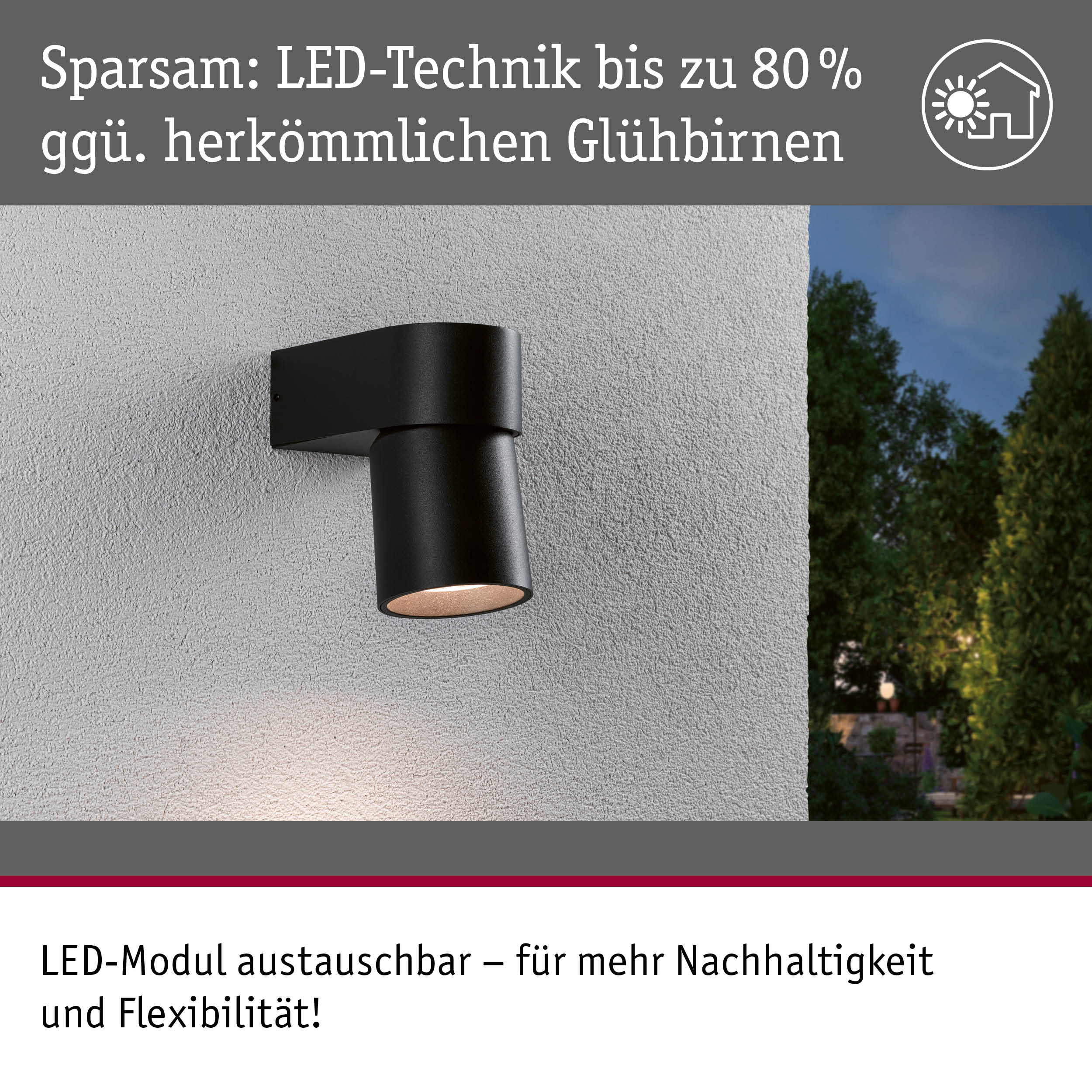 Schwarze LED-Außenwandleuchte aus Metall an weißer Wand mit energiesparender LED-Technik