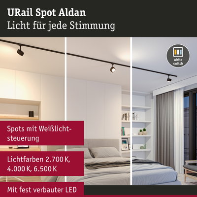 URail Spot Aldan schwarze LED-Schienenleuchte mit Weißlichtsteuerung für Wohnräume
