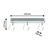 Moderne LED-Deckenleuchte mit drei verstellbaren quadratischen Leuchtflächen in Weiß und Chrom.