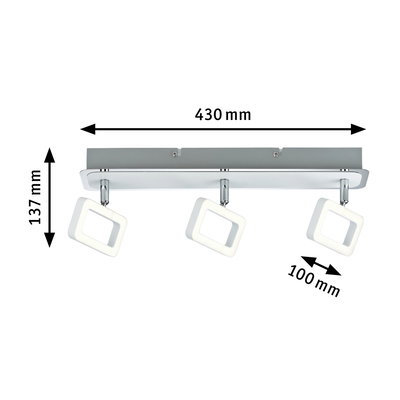 Moderne LED-Deckenleuchte mit drei verstellbaren quadratischen Leuchtflächen in Weiß und Chrom.