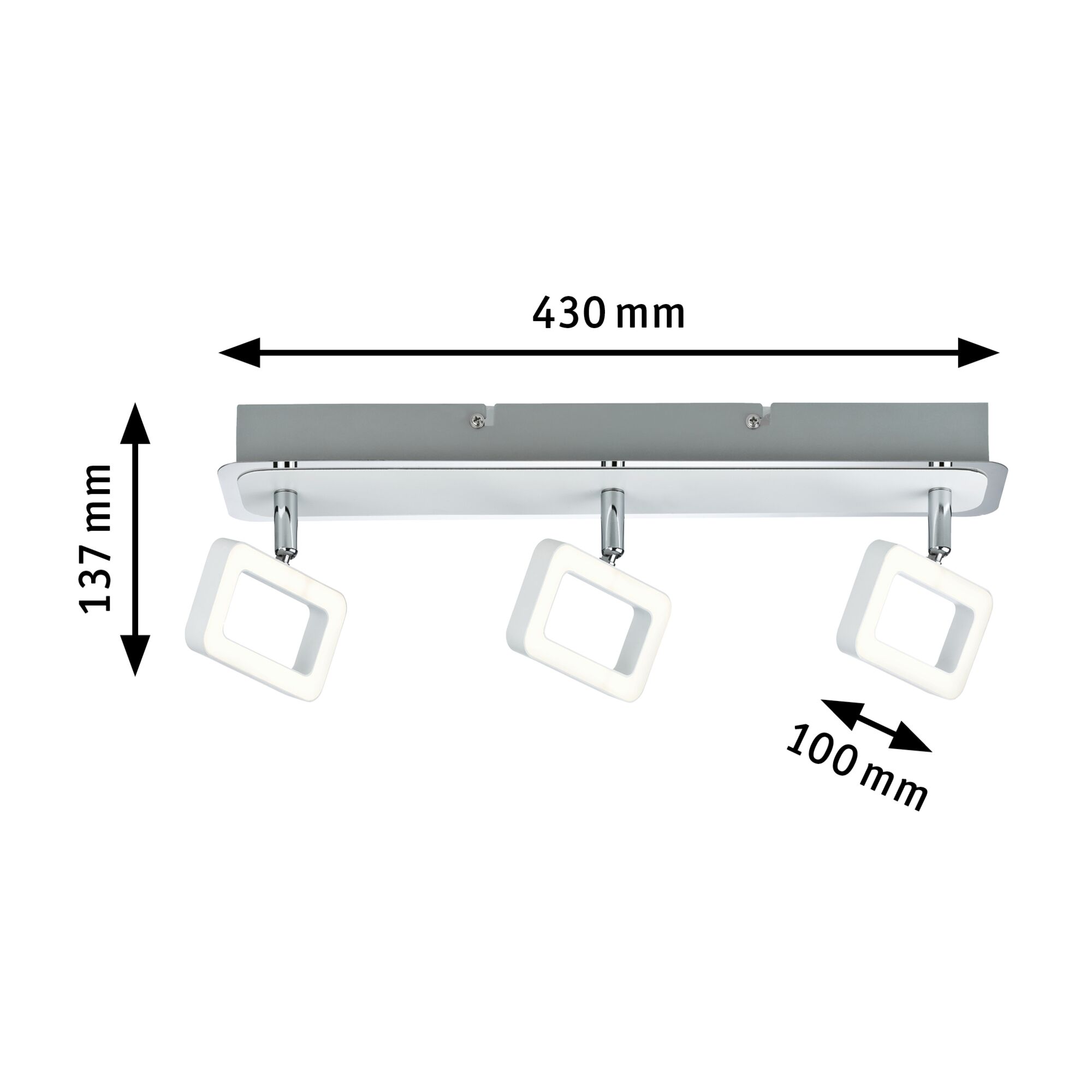 Moderne LED-loftlampe med tre justerbare hvide firkantede lysplader og kromfinish.