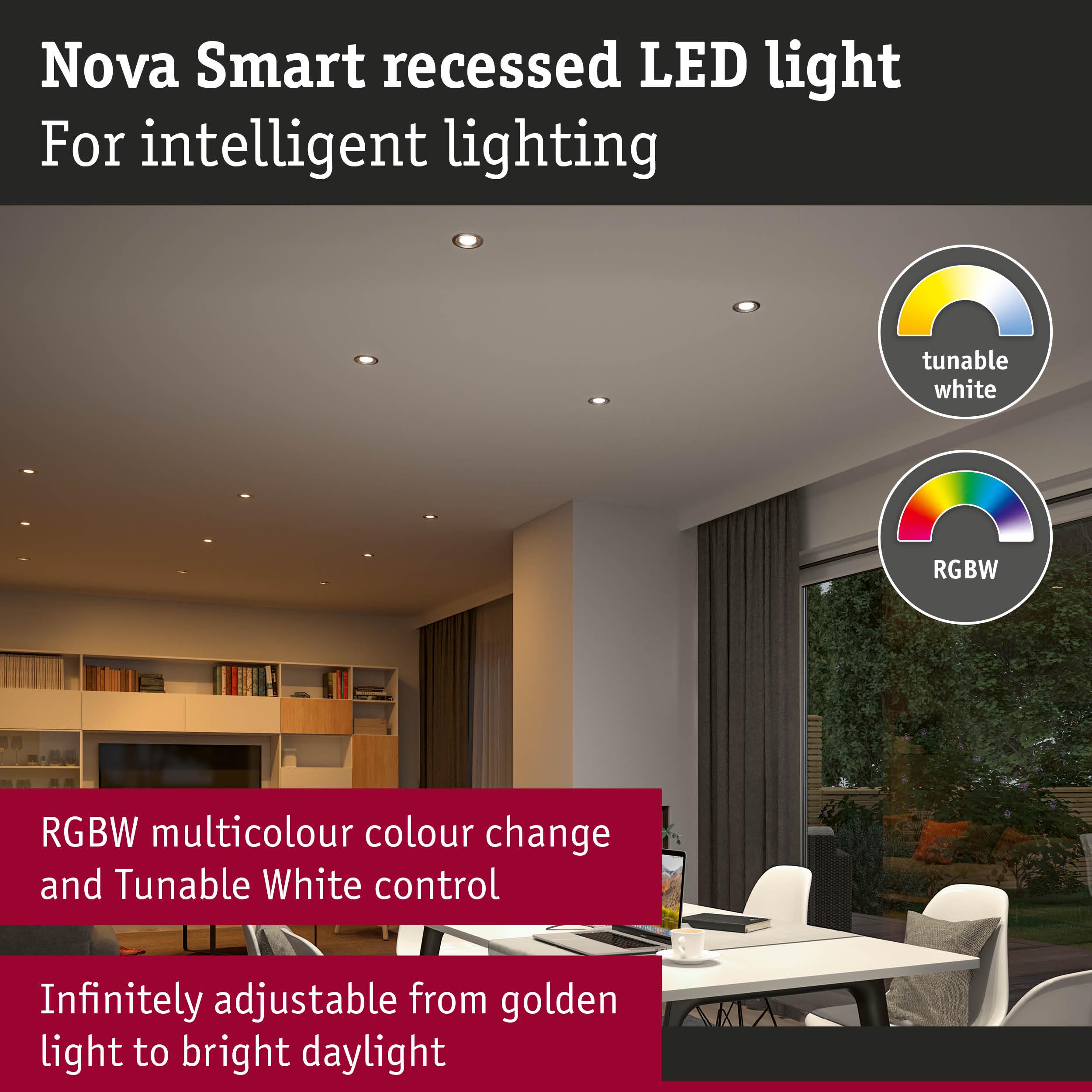 Nova Smart recessed LED light with RGBW color change and tunable white for adjustable intelligent lighting