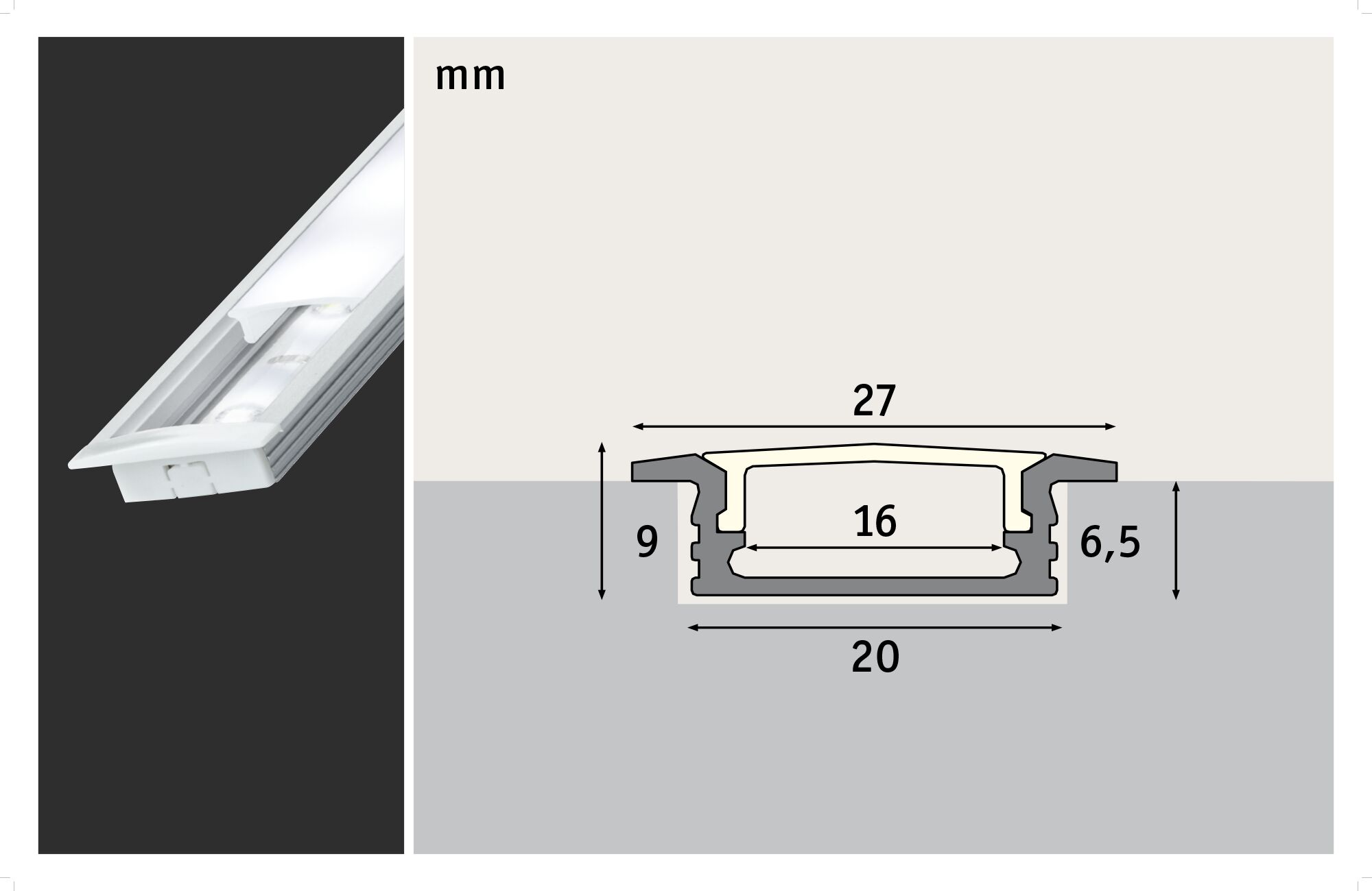 Aluminum LED recessed profile with frosted cover and technical dimensions in millimeters.