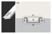 Aluminum LED recessed profile with frosted cover and technical dimensions in millimeters.