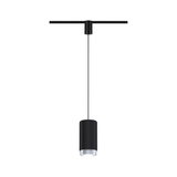Zwarte metalen LED-hanglamp met cilindrisch ontwerp en zilveren rand voor moderne binnenverlichting