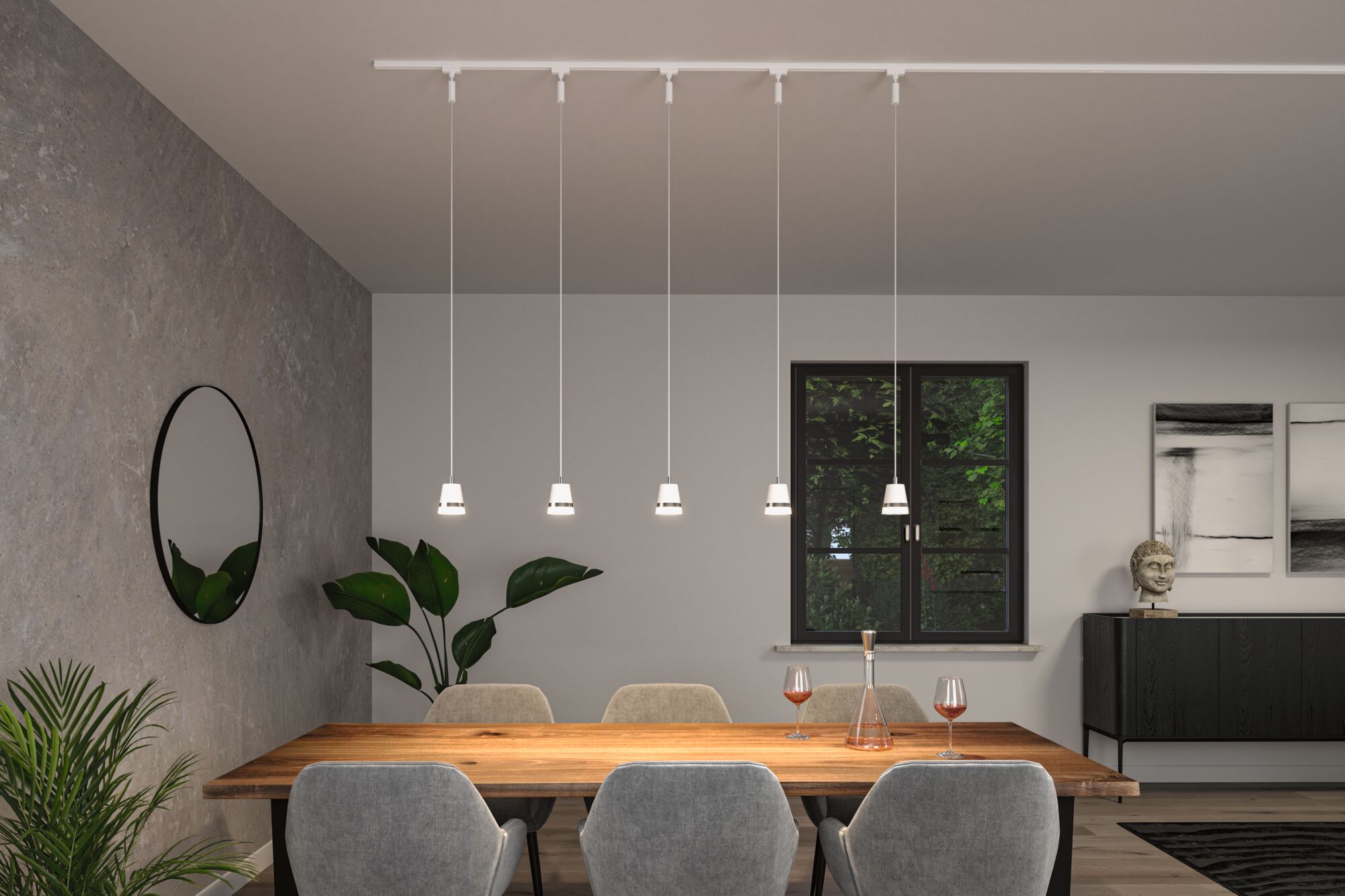 Five white plastic pendant lights above wooden table in modern dining room with grey chairs