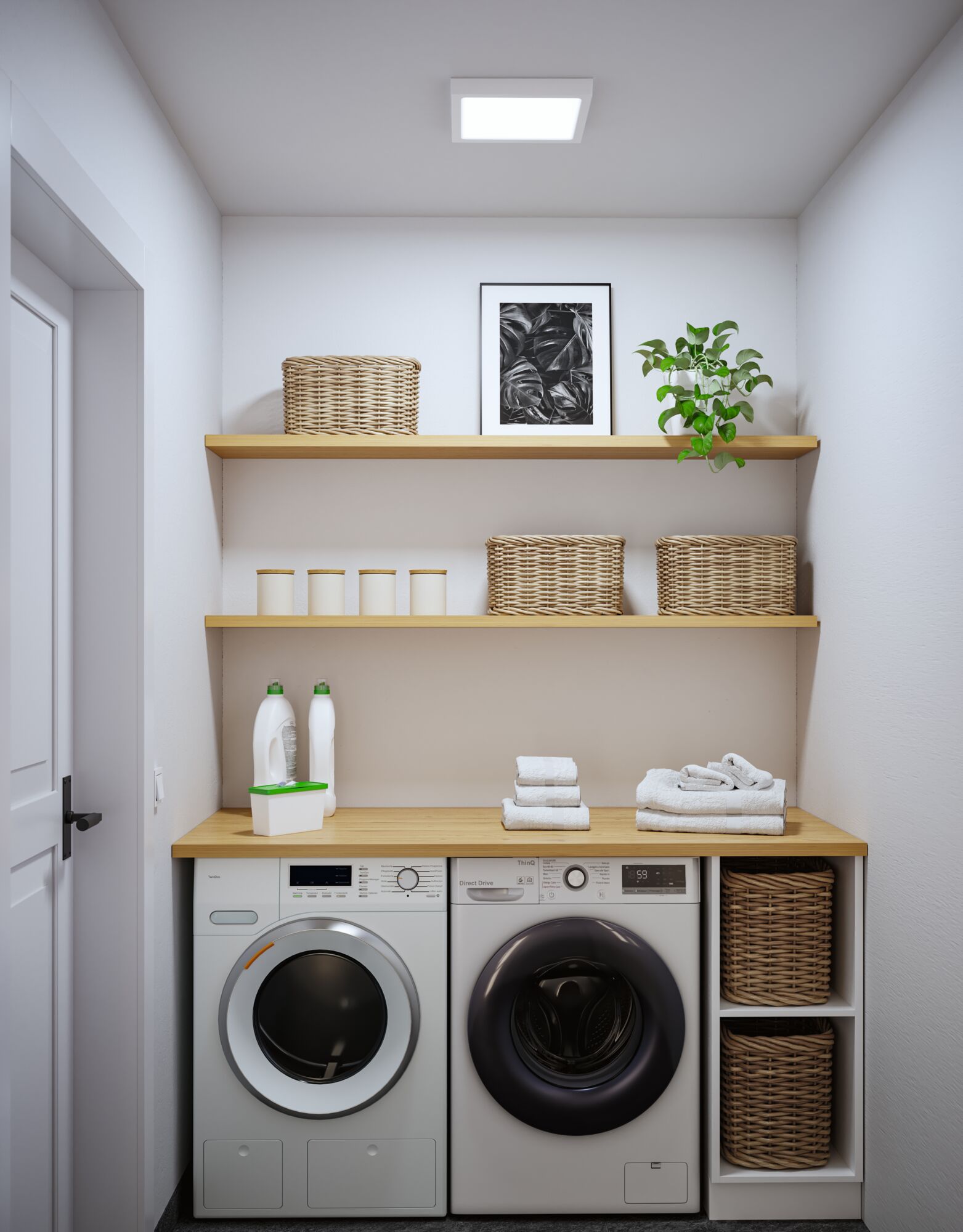 Modern white washing machine and dryer with wooden countertop and wicker baskets in bright laundry room