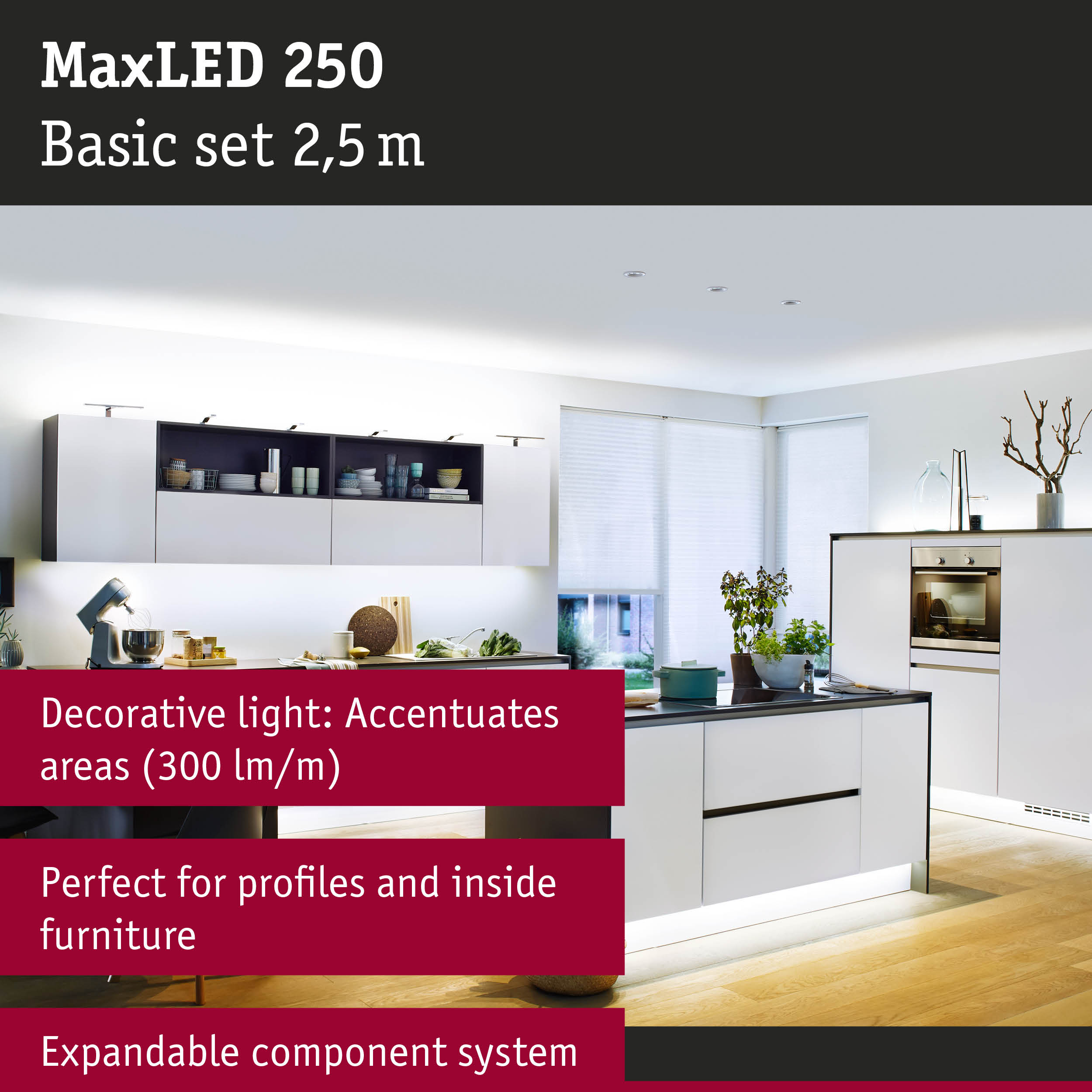 Modern white kitchen with MaxLED 250 LED lighting system and decorative light for furniture profiles