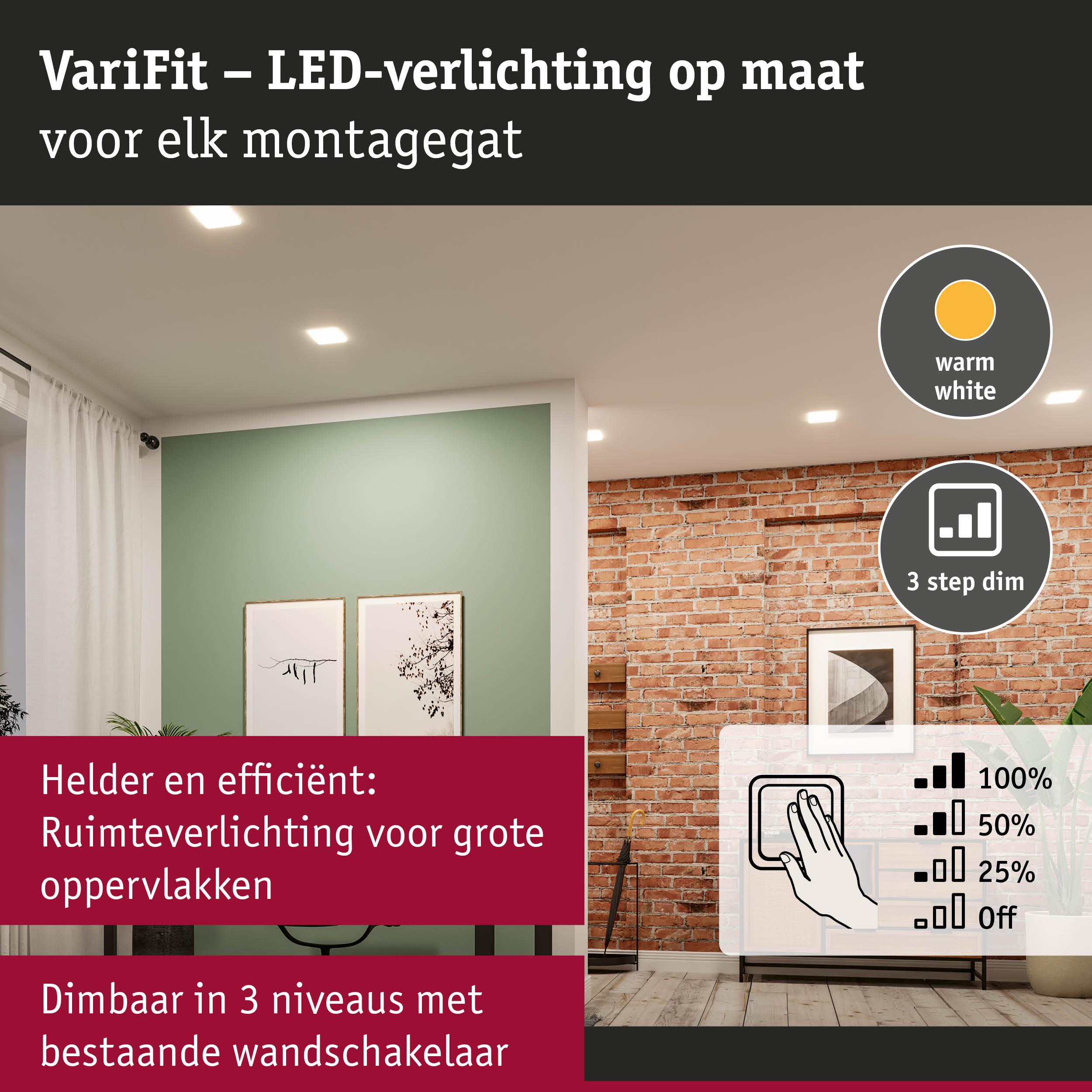 Warmwitte LED-plafondverlichting dimbaar in 3 stappen voor grote ruimtes met wandschakelaar
