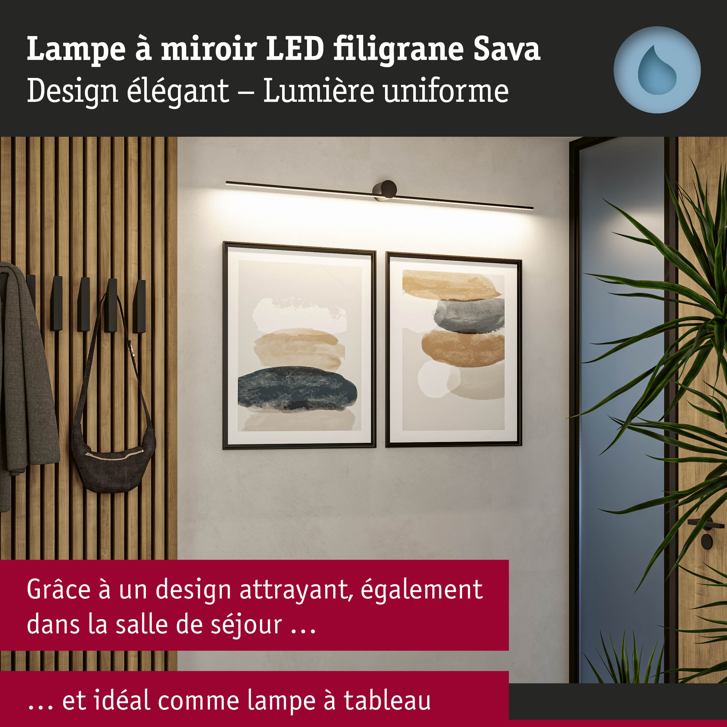 Lampe à miroir LED filigrane Sava noire avec lumière uniforme, parfaite pour salon et éclairage tableau