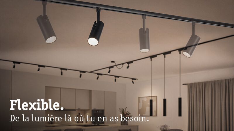 Système d'éclairage sur rail flexible noir et blanc avec spots LED dans un intérieur moderne pour un éclairage modulable