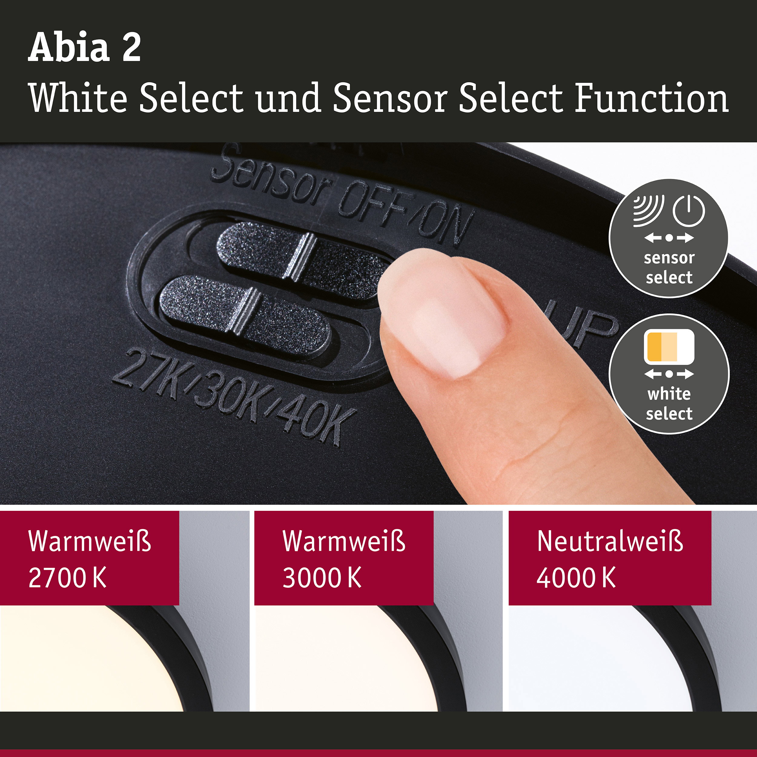 Abia 2 Schalter mit Sensor- und Weißauswahlfunktion in Schwarz für LED-Leuchten