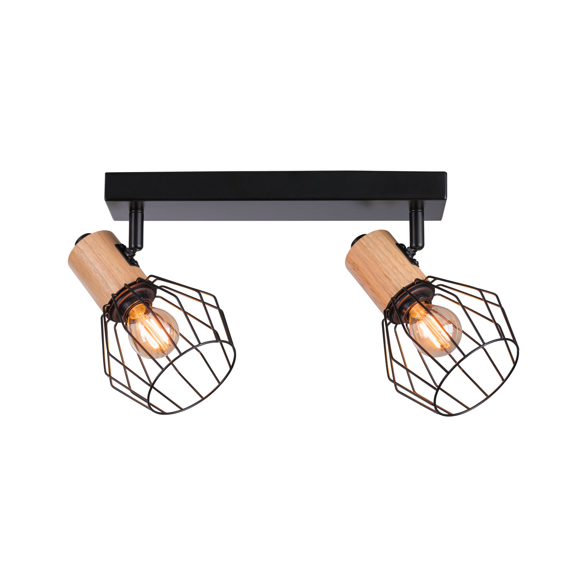 Ceiling spotlight with two adjustable wooden lights and black metal cage for living room lighting