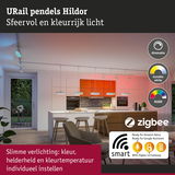 Moderne keuken met dimbare witte URail Hildor pendelverlichting en slim Zigbee lichtsysteem