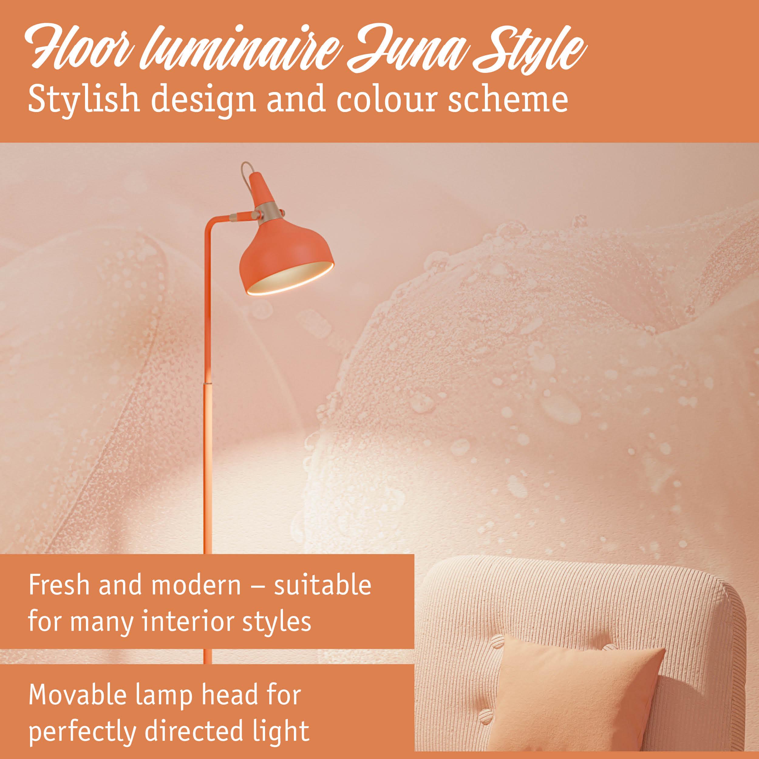 Orange metal floor lamp Luna Style with adjustable head for modern interior lighting and design