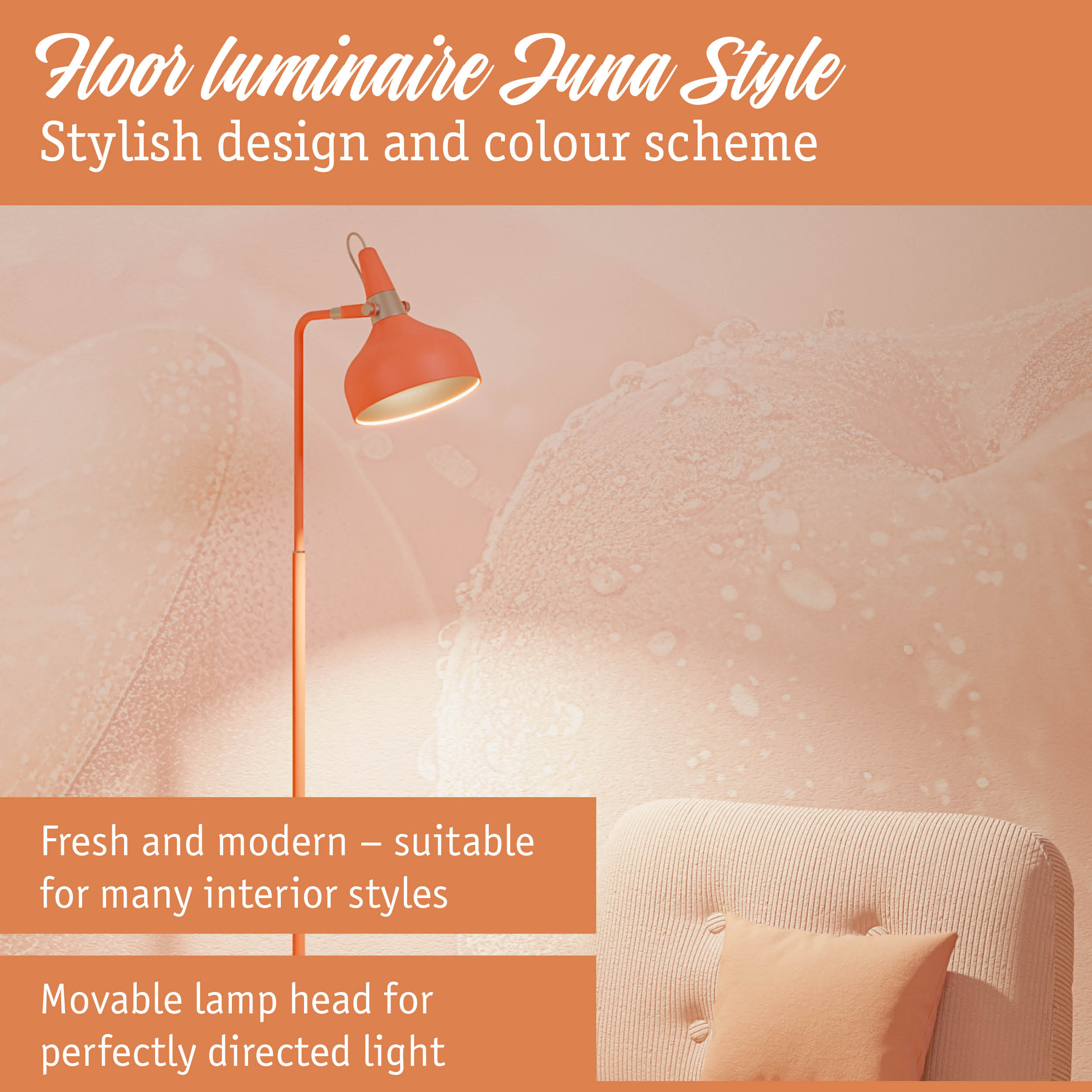 Orange Luna Style floor lamp with movable head for directed light in a modern living room setting