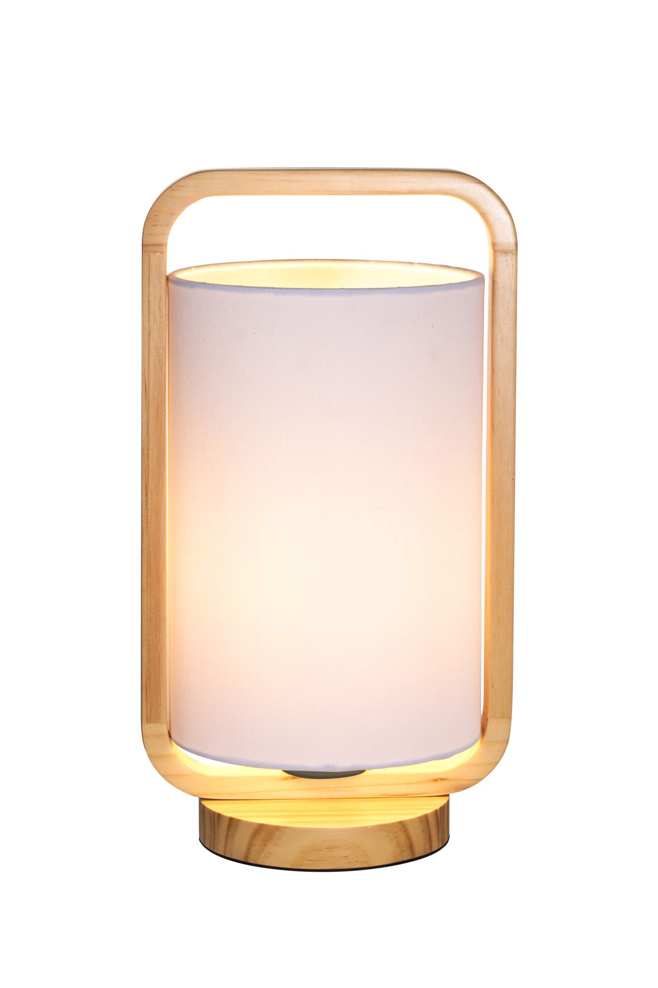 Modern table lamp with light fabric shade and natural wood frame for cozy home lighting