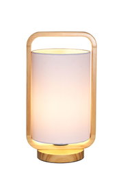 Modern table lamp with light fabric shade and natural wood frame for cozy home lighting