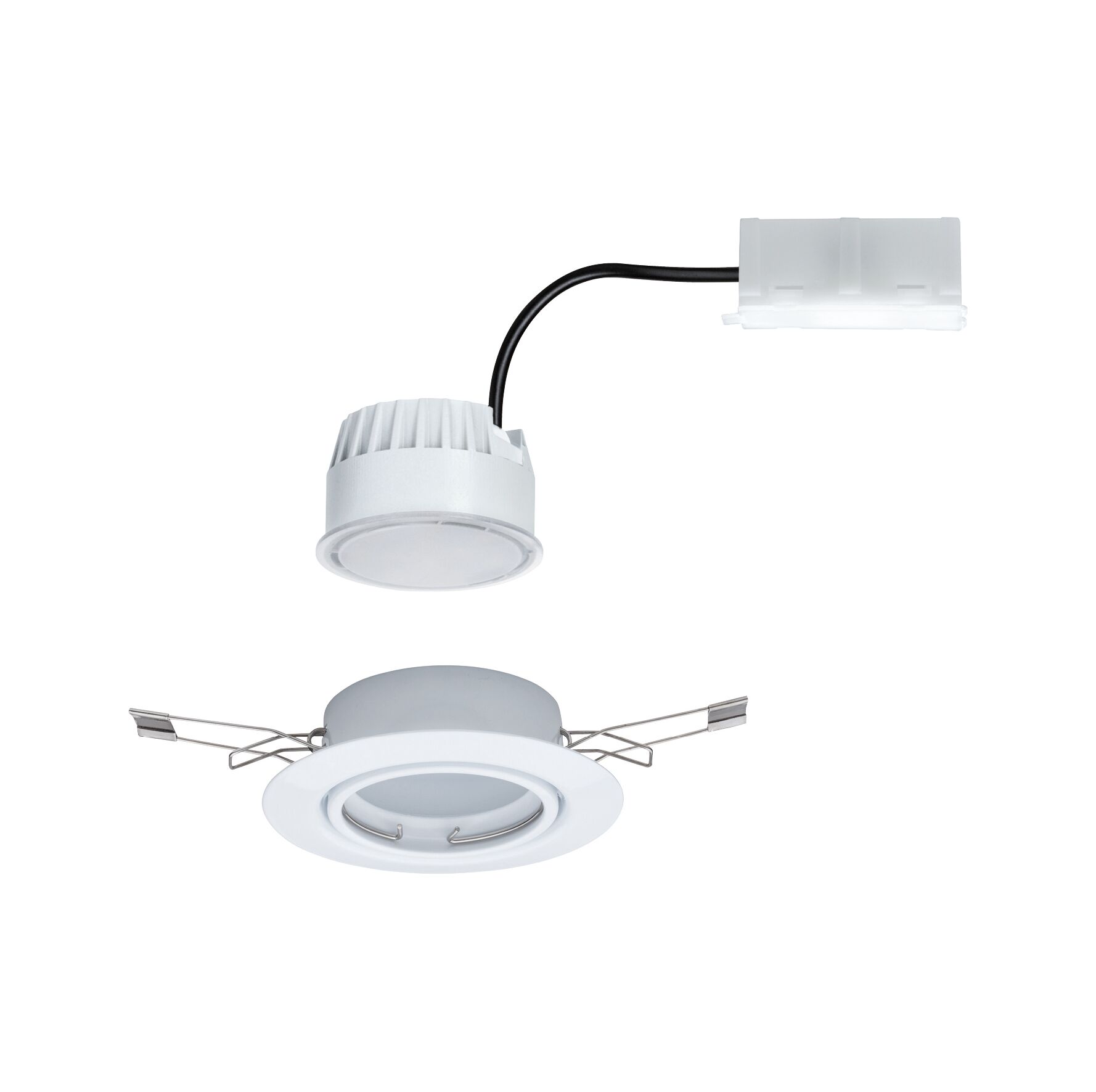 White LED recessed spotlight with metal clips and connector cable for energy-efficient lighting