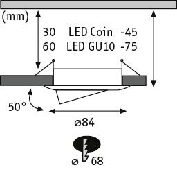 Technische tekening van LED-inbouwspot met 84 mm diameter en 50 graden kanteling, GU10 en Coin varianten.