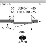 Technische Zeichnung eines LED-Einbaustrahler mit 84 mm Durchmesser und 50 Grad Neigung, GU10 und Coin Varianten.