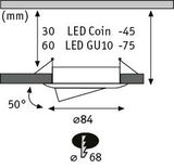 Technische Zeichnung eines LED-Einbaustrahler mit 84 mm Durchmesser und 50 Grad Neigung, GU10 und Coin Varianten.
