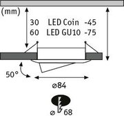 Schéma technique d'un spot LED encastré de 84 mm de diamètre avec inclinaison de 50 degrés