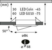 Technische tekening van LED-inbouwspot met 84 mm diameter en 50 graden kantelhoek