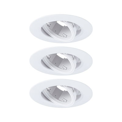 Three white plastic recessed spotlights with adjustable inserts for flexible LED lighting solutions