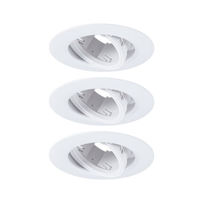 Three white plastic recessed spotlights with adjustable inserts for flexible LED lighting solutions