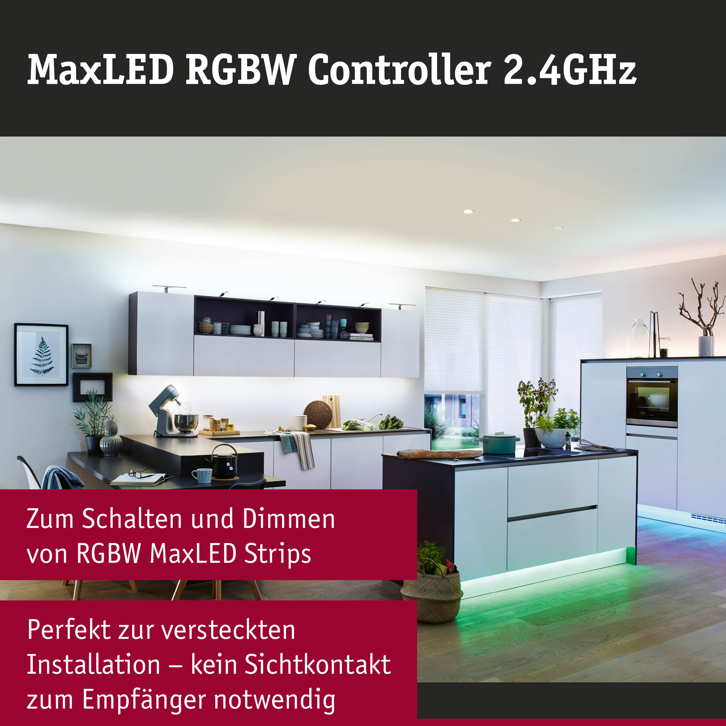 Moderne weiße Küche mit RGBW MaxLED Beleuchtung unter der Arbeitsplatte und Schränken