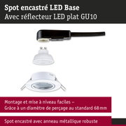 Spot encastré LED blanc avec anneau métallique robuste et réflecteur LED plat GU10 pour plafond