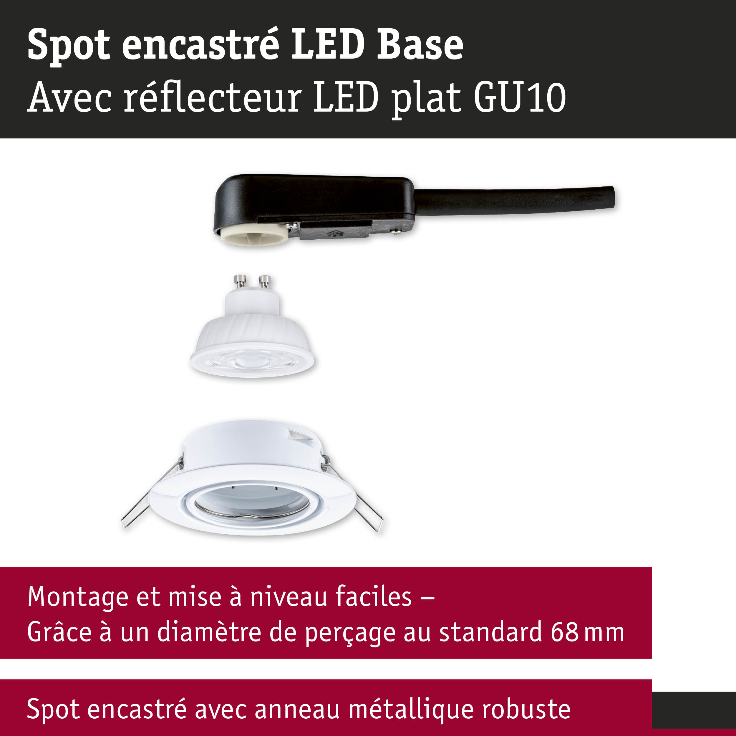 Spot encastré LED blanc avec anneau métallique robuste et réflecteur LED plat GU10 pour plafond
