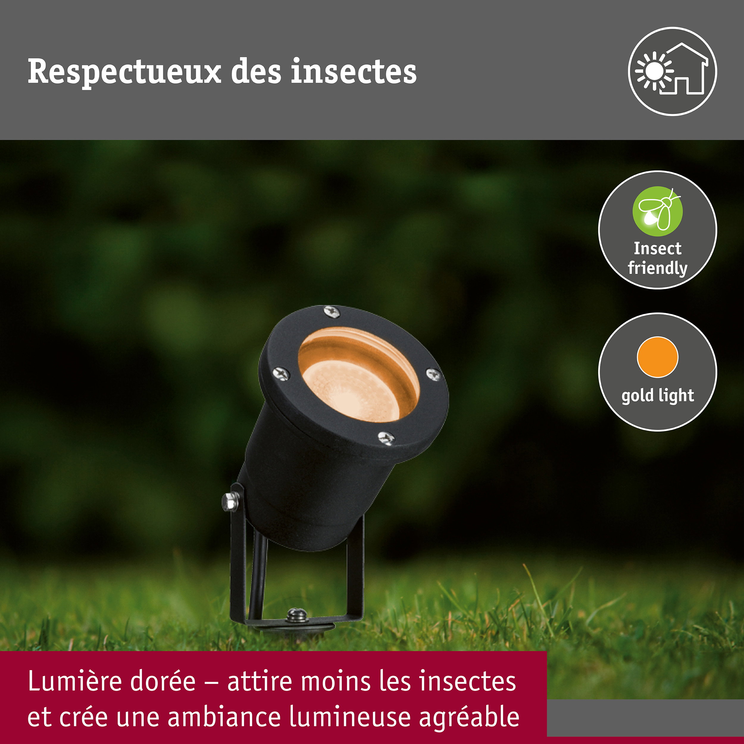 Projecteur de jardin LED Spot favorable aux insectes IP65 rond 92mm 2200K 4,3W 320lm 230V 38° Noir Métal