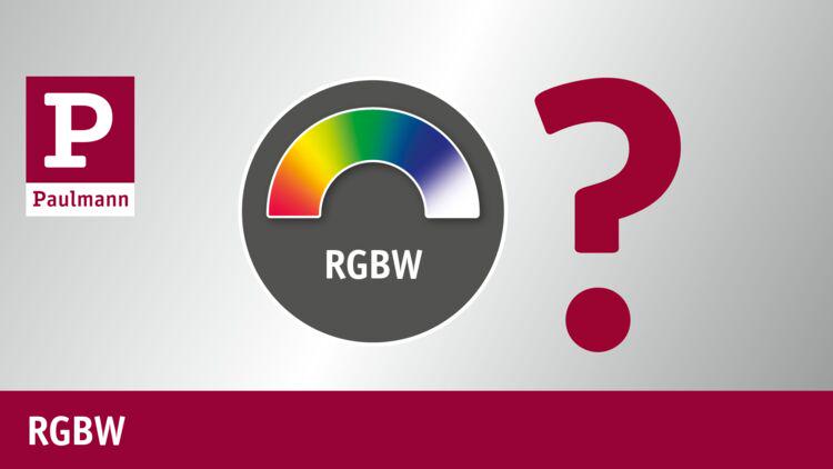 Grafik med RGBW-farvespektrum og spørgsmålstegn, LED-belysningsteknologi fra Paulmann.